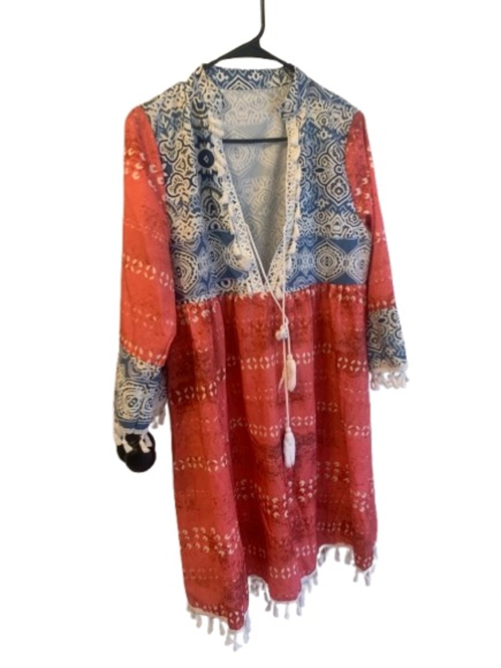 Boho Tassel Trim Beach Cover Up Tunic Dress | Blue Coral Print | Women’s Size M